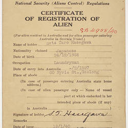 Certificate of Alien Registration - Commonwealth of Australia, Issued to Setsutaro Hasegawa, 1940