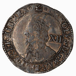 Coin, round, Crowned bust of the King facing left wearing a lace collar and armour; text around.