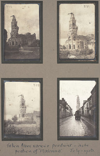 Four photos, three of a partially destroyed stone building, one of a street with building in background.