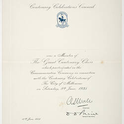 Certificate - Great Centenary Choir Membership, 1935