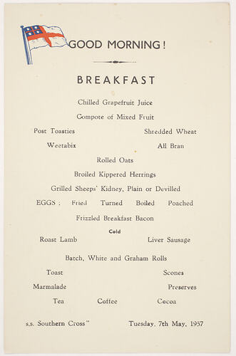 Menu - SS Southern Cross , Breakfast Menu, 7th May 1957