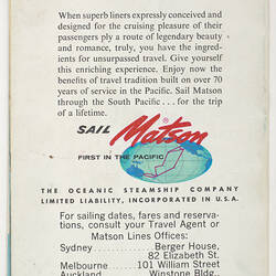 Booklet - Matson Lines - ss Mariposa and ss Monterey - "Australia - New Zealand to California U.S.A."