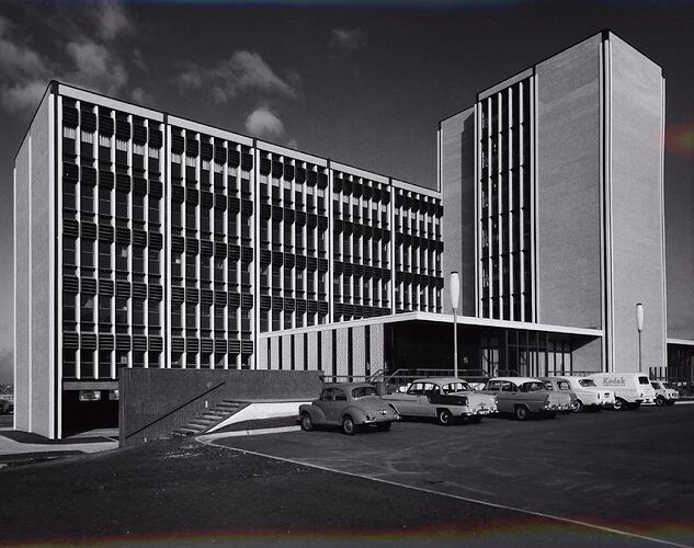 Photograph - Kodak Australasia Pty Ltd, Exterior View of Building 8 and Car Park, Head Office & Sales & Marketing at the Kodak Factory, Coburg, 1964