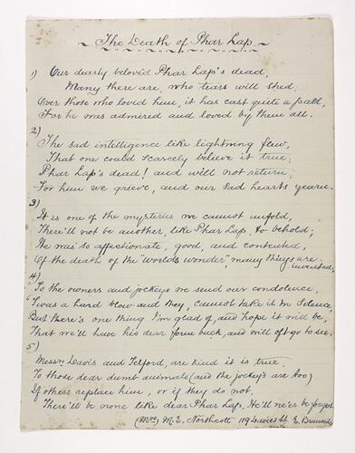 Poem . Northcott, The Death of Phar Lap, 1932