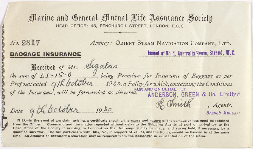 Ticket - Baggage Insurance, Marine & General Mutual Life Assurance, 9 Oct 1930