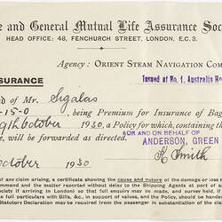 Ticket - Baggage Insurance, Marine & General Mutual Life Assurance, 9 Oct 1930