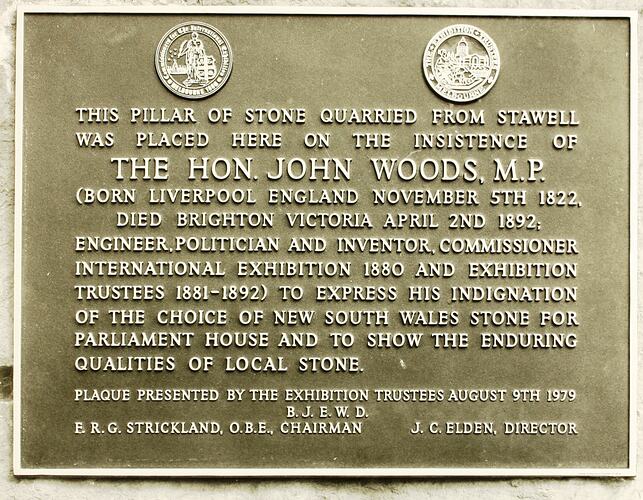 Photograph - Plaque Commemorating the erection of the Hon. John Woods Stone Pillar, Royal Exhibition Building, Melbourne, 9 Aug 1979