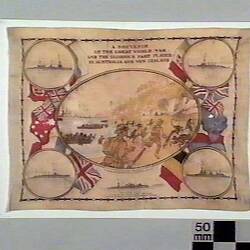 Handkerchief with soldiers  landing ashore on beach in centre, one warship in each corner, flags surrounding.
