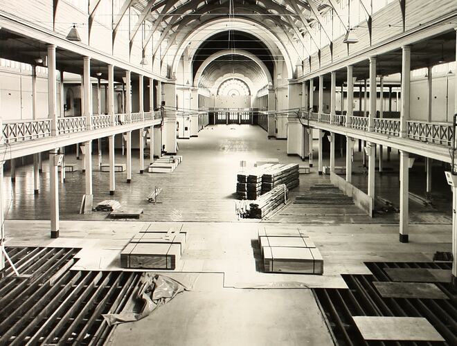 Photograph - Programme '84, Timber Floor Replacement in the Great Hall, Royal Exhibition Buildings, 18 Feb 1985