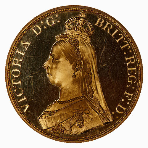 Proof Coin - 5 Pounds, Queen Victoria, Great Britain, 1887 (Obverse)