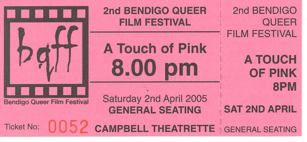 Rectangular pink ticket with black text.
