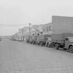 Negative - International Harvester, D30 Trucks, Australian Military Forces, Kavanagh Street, South Melbourne, 1941