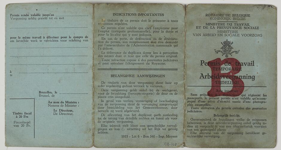 Booklet - Permis De Travail, Issued to Sandor Tokai, Belgium, 10 Dec 1956