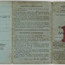 Booklet - Permis De Travail, Issued to Sandor Tokai, Belgium, 10 Dec 1956