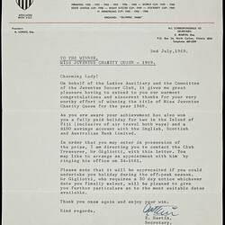 Letter & Envelope - Miss Juventus Charity Queen, Juventus Soccer Club, 1969