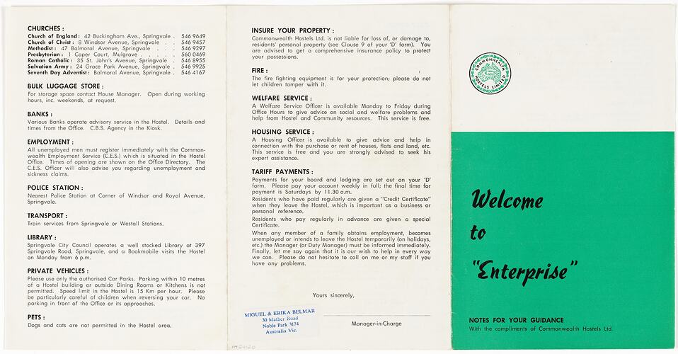 Open three-sectioned booklet. White with black and green front cover. Black printed text throughout.