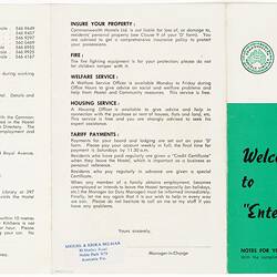Open three-sectioned booklet. White with black and green front cover. Black printed text throughout.