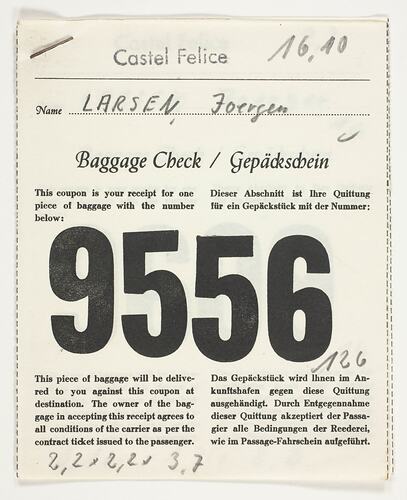 Baggage Check Receipt - Issued to Joergen Larsen, Castel Felice, Sitmar Line