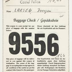 Baggage Check Receipt - Issued to Joergen Larsen, Castel Felice, Sitmar Line