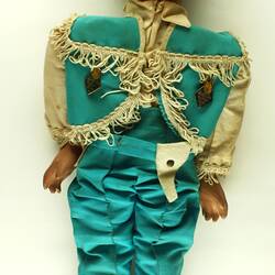 Ventriloquist doll in blue cowboy outfit.