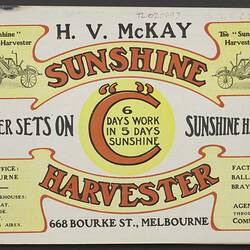Front cover, white page with red, yellow and black printing. Two harvesters at top.