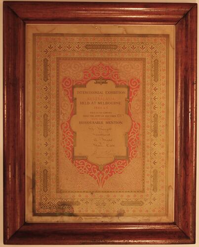HT 25444, Certificate - 1866 Intercolonial Exhibition, Presented to Henry Munzel, 1866