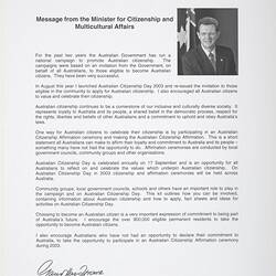 Letter - Information Pack, Australian Citizenship, Department of Citizenship & Multicultural Affairs, 2003