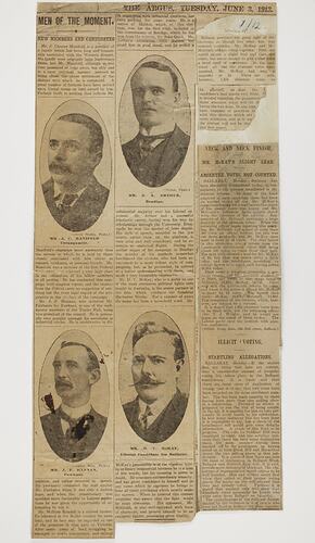 Newspaper Cuttings - The Argus, 'Men of the Moment, New Members & Candidates', 3 Jun 1913