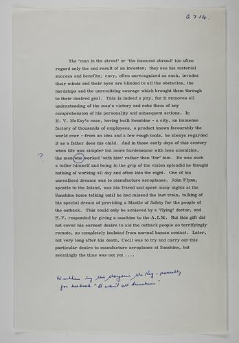 Manuscript - Marjory McKay, 'Cecil McKay, It Wasn't All Sunshine', circa 1974