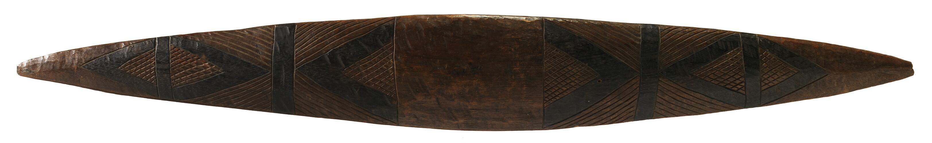 Long, narrow wooden shield.