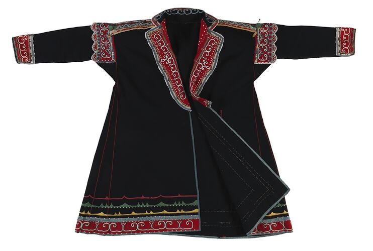 Coat made of black fabric with colourful embroidery.