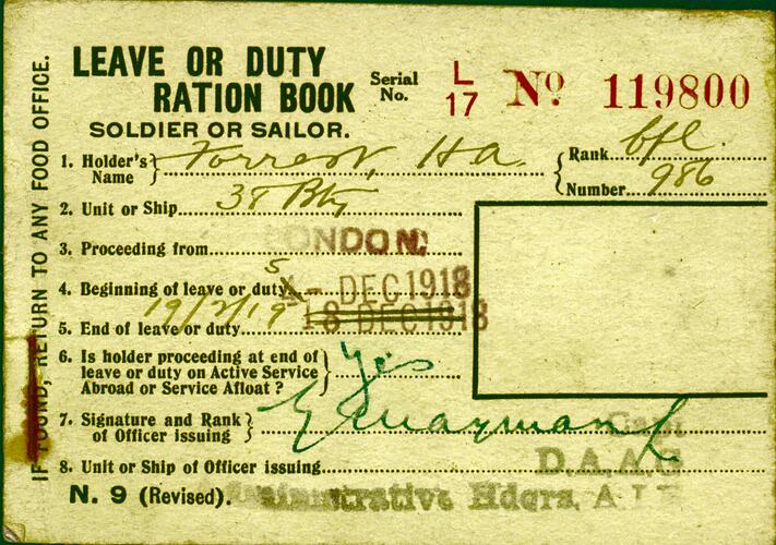 Front of ration book showing form and writing.