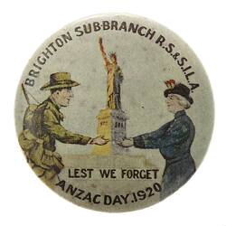 Badge with soldier on left, woman on right and Statue of Liberty in middle.