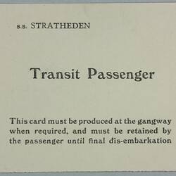 Transit Card - 'SS Stratheden' Transit Passenger, Nov-Dec 1961