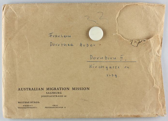 Envelope & Button - Dorothea Huber from Australian Migration Mission, Salzburg, circa 1959