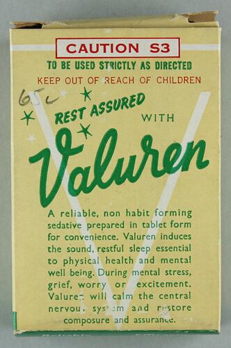 Drug - Valuren (Bromvaletone & Carbromal), J. McGloin, Pty. Ltd. Manufacturing Chemists, circa 1960