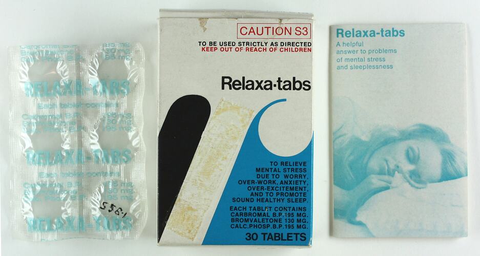 Drug - Relaxa-tabs (Carbromal and Bromvaletone), H.W. Woods Pty. Ltd., Huntingdale, Victoria, circa 1960