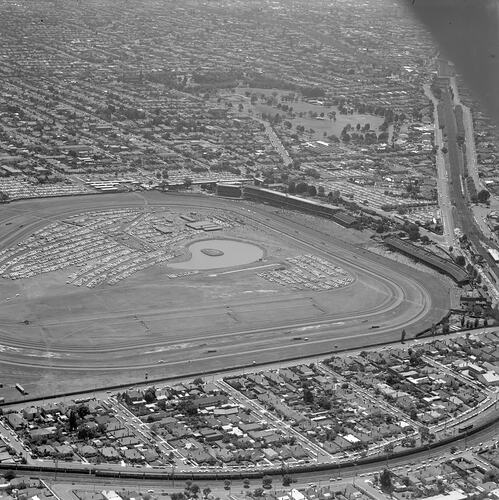 Negative - Aerial View of Caulfield Racecourse & Surrounding Suburb, Victoria, 20 Dec 1969