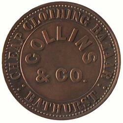 Token - 1 Penny, Collins & Co, Cheap Clothing Bazaar, Bathurst, New South Wales, Australia, 1864