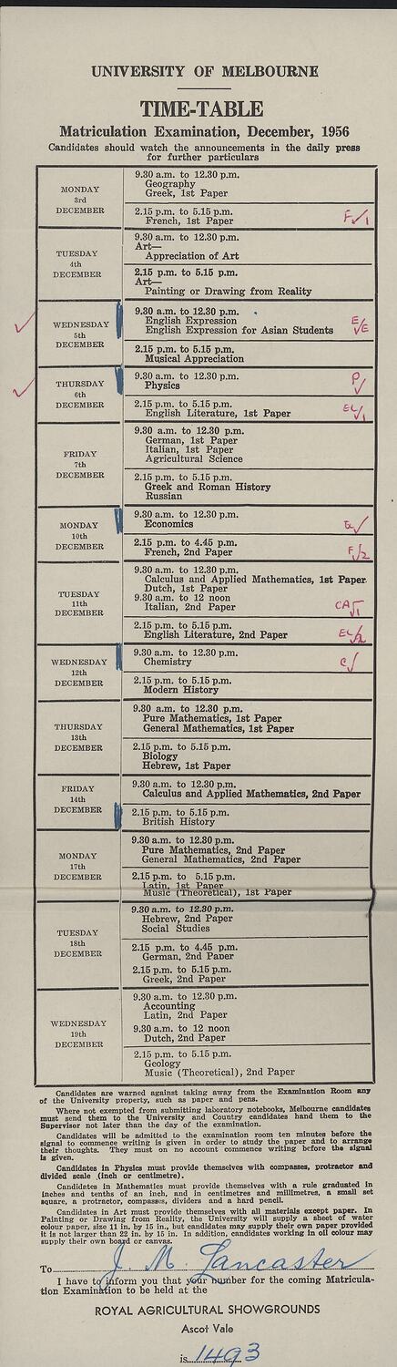 Timetable - 'university Of Melbourne, Matriculation Examination', Dec 1956