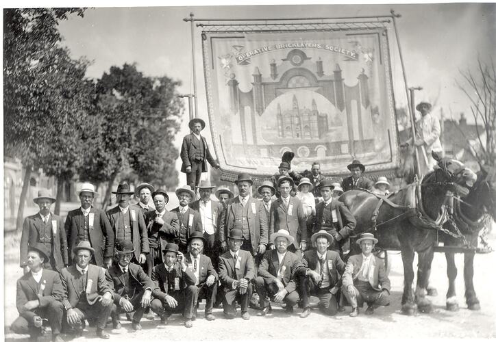 Photograph - Eight Hour Day Delegates in Front of Union Banner, Victoria, circa 1920s
