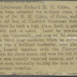 Newspaper Cutting - Lieutenant Richard Horace Maconochie Gibbs, circa 1917
