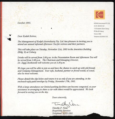 Letter - Kodak Australasia Pty Ltd to Kodak Retirees, Invitation to Retirees Afternoon Tea, Coburg, Oct 1995