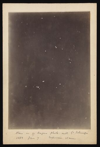 Stars in nebula Eta Argus. Handwritten text below.