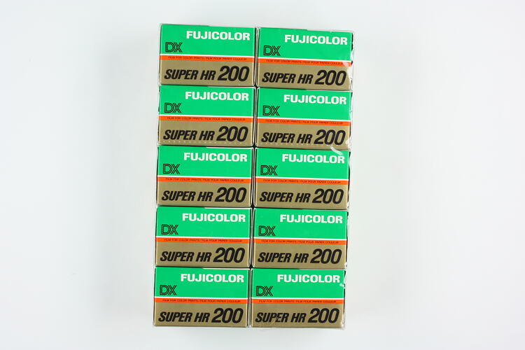 Ten film boxes in clear plastic wrap.