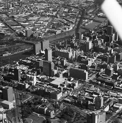 Monochrome aerial photograph of Melbourne.