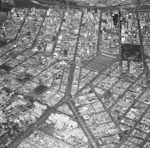 Monochrome aerial photograph of Melbourne.