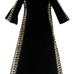 Full-length black dress with bronze sequins down sides.