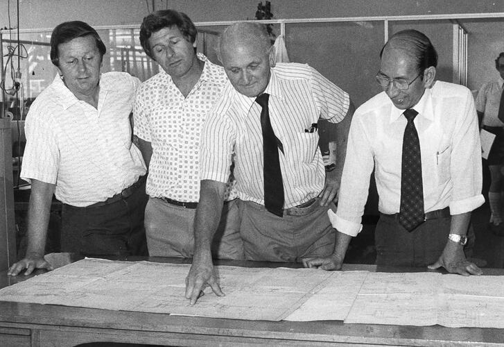 Kodak Australasia Pty Ltd, Staff Reviewing Engineering Plans, Coburg, circa 1970s
