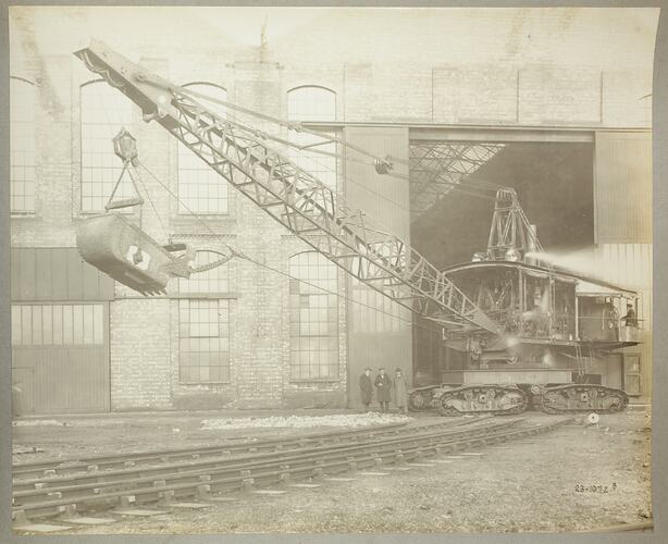 Monochrome photograph of a dragline excavator.
